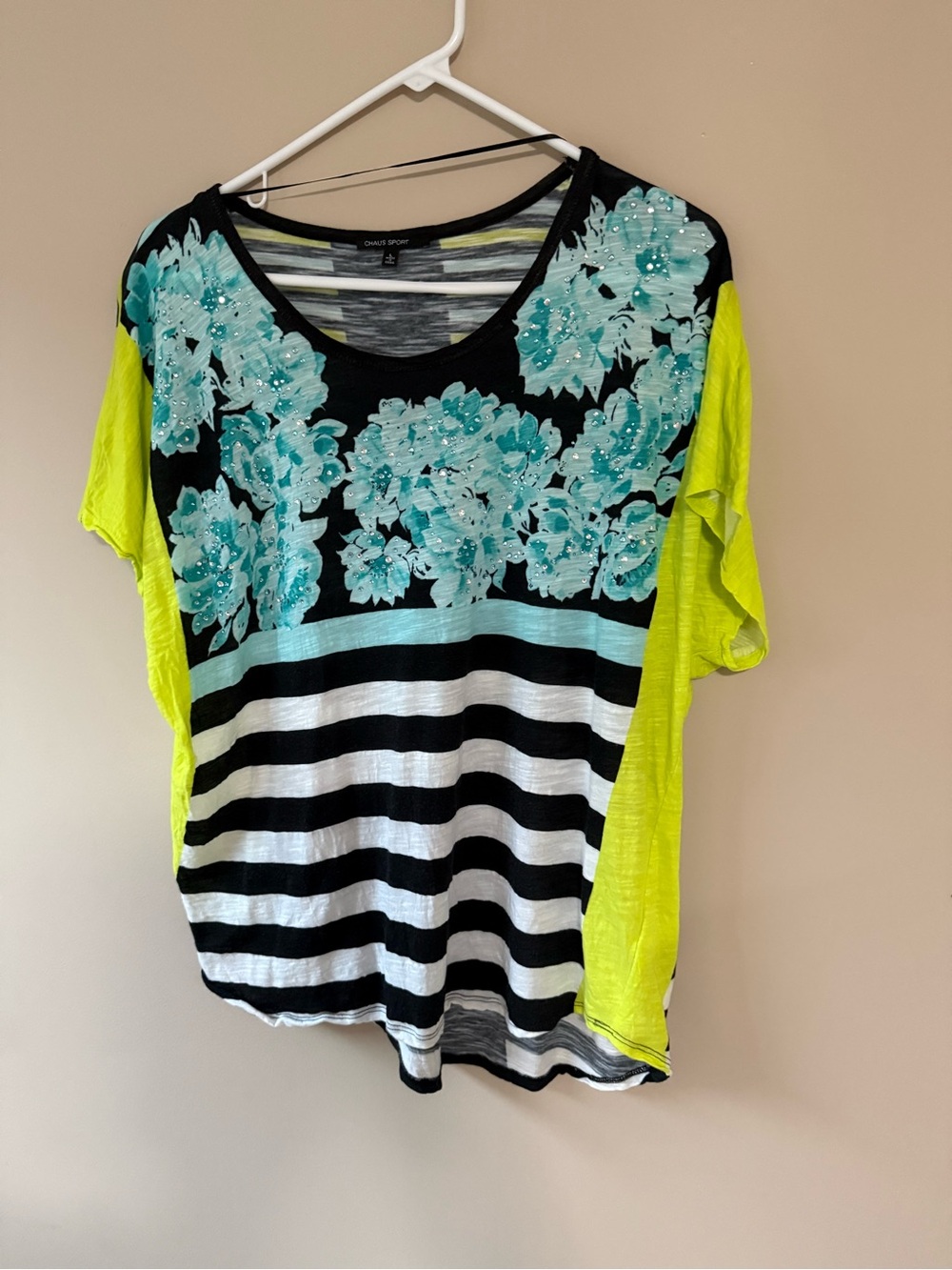 Floral Stripe Short Sleeve Top with Neon Yellow Sleeves